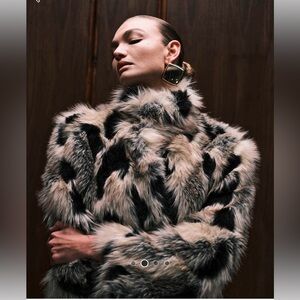 ASOS Design longpatch faux fur coat in oatmeal and black